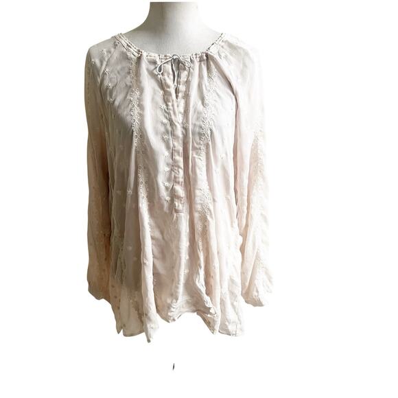 Democracy Sheer Pink Peasant Blouse Size 2X Pale Pink Embroidered Floral Detail - Picture 1 of 14